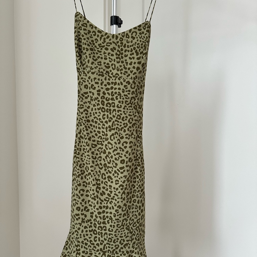 Zara Leopard Print Slip Midi Dress XS | Satin Cowl Neck Side Zip Animal Print